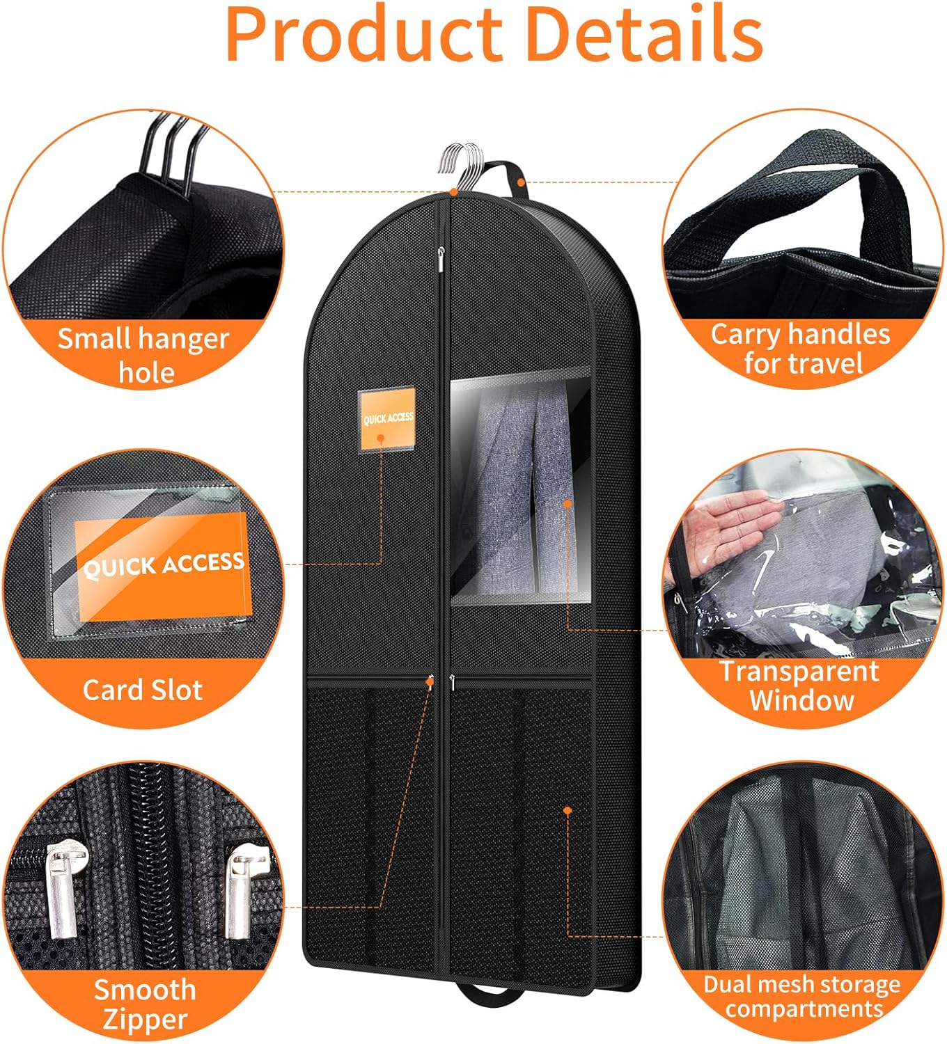 Travel Garment Bag Suits Clothes : 43 Inch 5 Packs Lightweight Breathable Zippered Black Fabric - Clothes Carry Short Men - Wardrobe Carry Coat Jacket Uniform Tuxedo Shirt - Image 5
