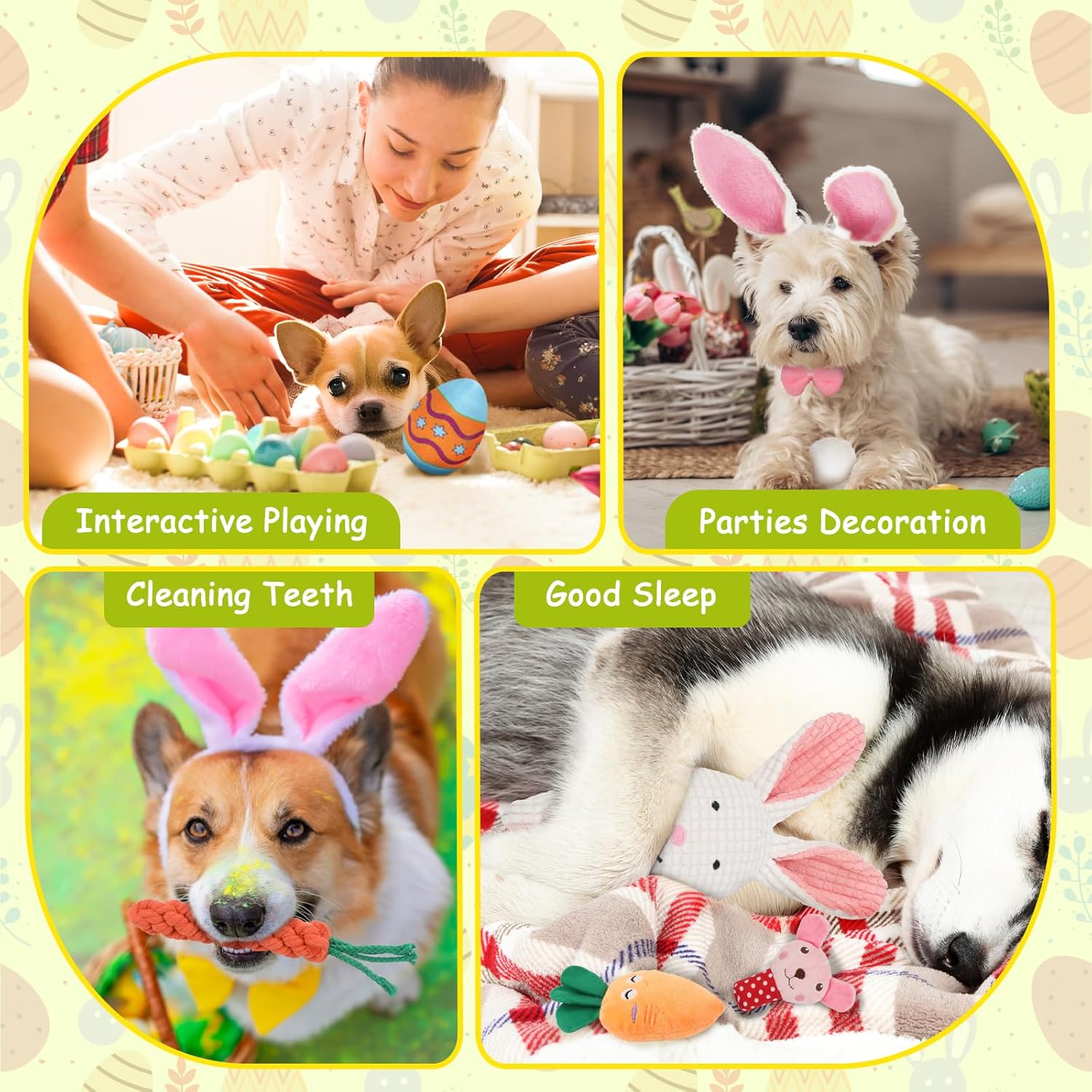 YUEPET 8 Pack Dog Easter Basket Stuffed Bunny Squeaky Toy Plush Chew Toys Eggs Carrot Rope Chicken Dog Ears Headband Bowtie Tail Easter Gift for Small Medium Dogs - Image 7