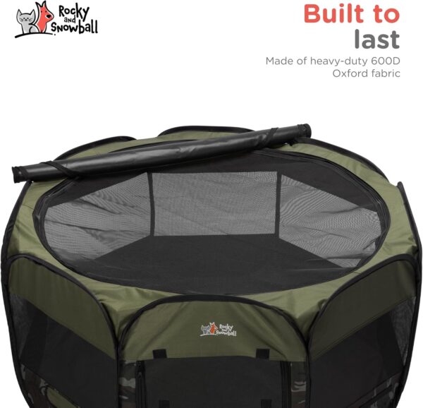 Rocky + Snowball Pop Up Playpen for Dogs - Puppy Dog Cats Rabbits Play Pen for Indoors or Outdoors - Portable Playpen with Carrying Case & Collapsible Bowl - Camo Print - XL - Image 3