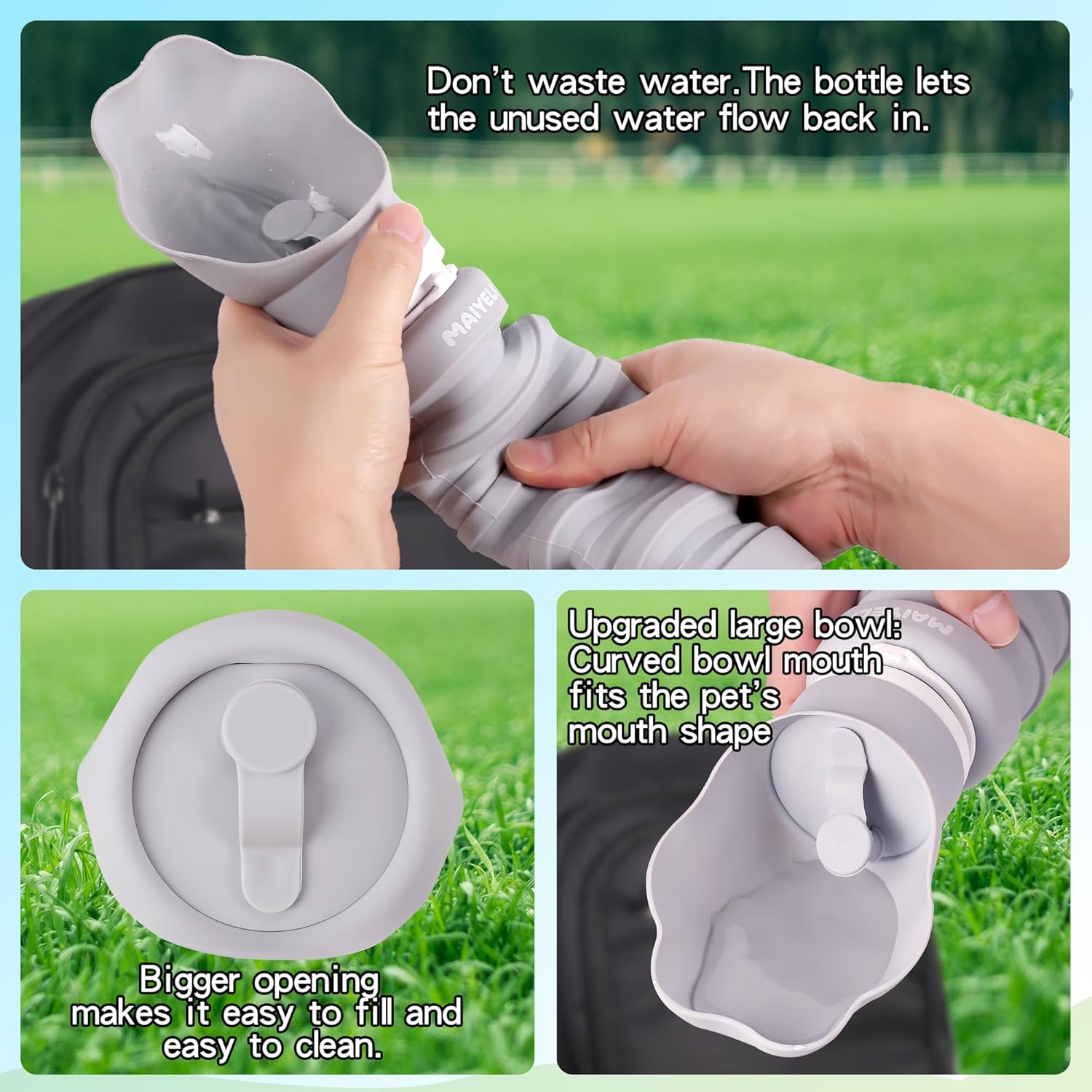 Dog Water Bottle Collapsible & Portable Squeeze, 9oz-17oz Water Dispenser & Folding Bowl,5 Levels Capacity in 1,Carabiner Clip,100% Food-Grade Silicone, Outdoor Walking,Hiking,Travel - Image 6