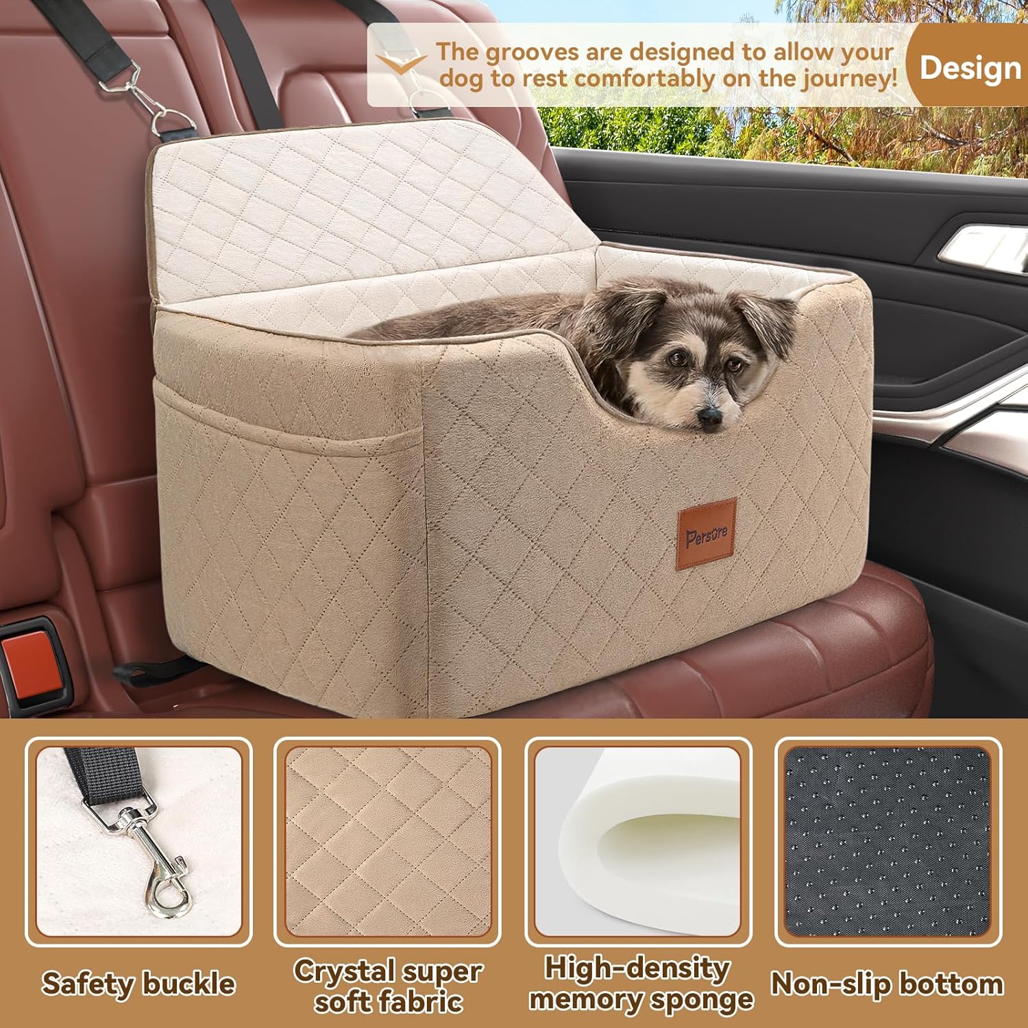 Dog Car Seat for Large Medium Dogs,Detachable Washable Dog Booster Seat,Pet Travel Bed with Storage Pockets and Dogs Safety Belt (Coffee, Large) - Image 3