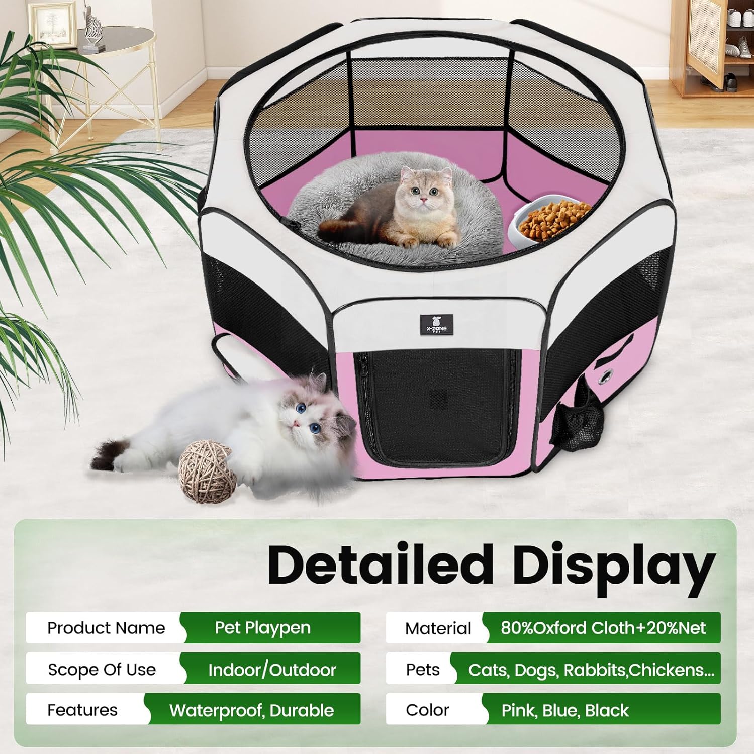X-ZONE PET Dog Playpen Portable Pet Play Pens for Puppies, Cat, Rabbit, Chicks, Foldable Exercise Play Tent Kennel Crate, Indoor/Outdoor Travel Camping Pink Medium - Image 3