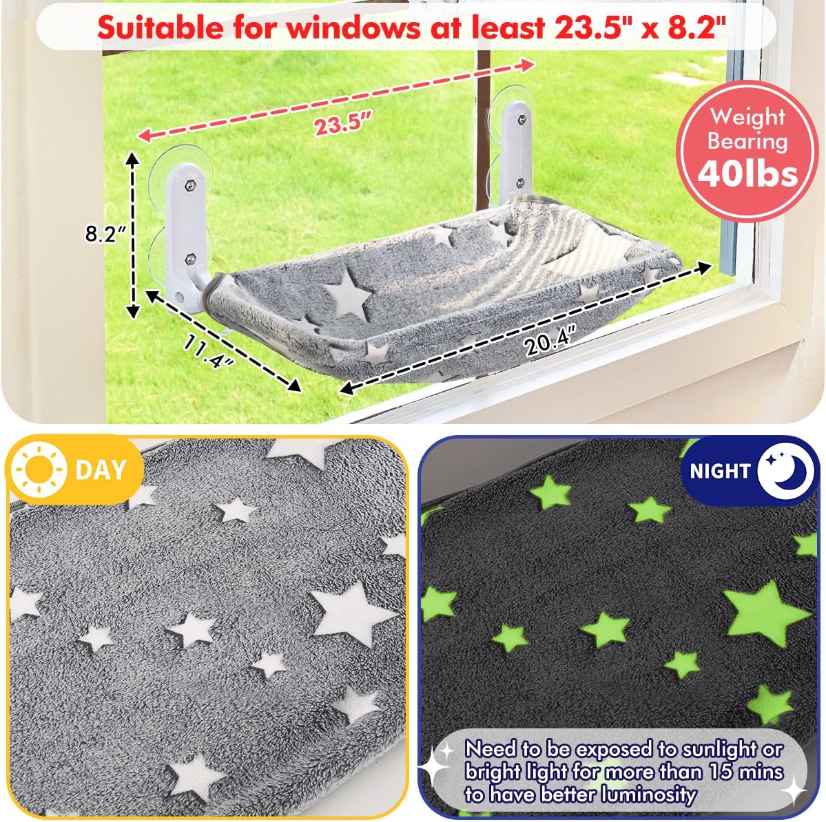 2PC Cat Window Perch, Glow in The Dark Cordless Foldable Pet Hammock Bed for Window with Sturdy Metal Frame, Glowing Stars Pattern Resting Seat for Indoor Cats (2PC Stars - M) - Image 4