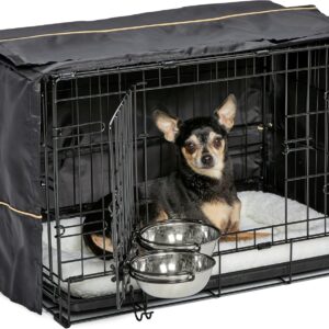 MidWest Homes for Pets XS Double Door iCrate Starter Kit, 22-inch Dog Crate Bundle for Extra-Small Dogs, Includes Cage, Pet Bed, 2 Bowls and Privacy Cover