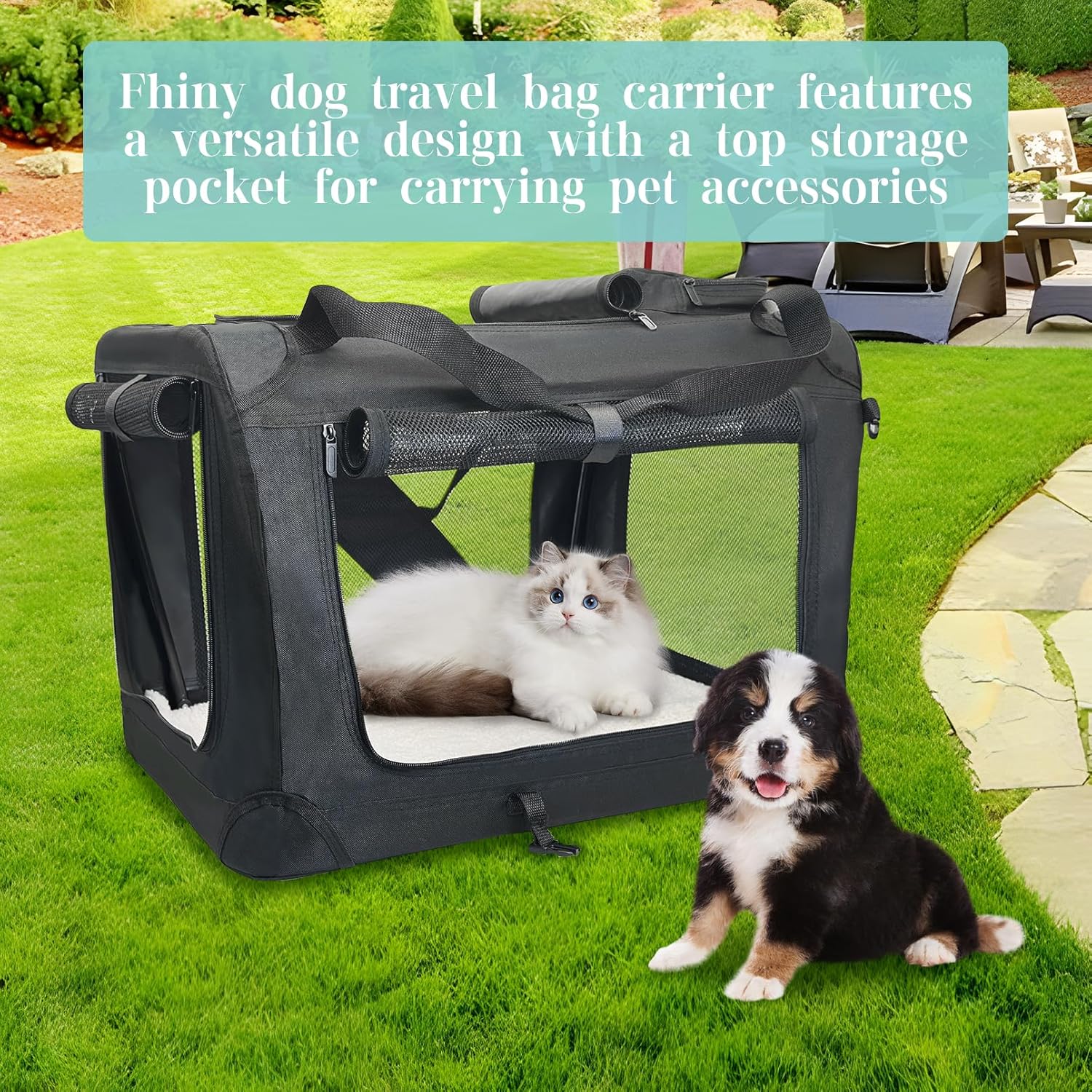Fhiny Large Cat Carrier for 2 Cats, 24"x17"x17" Soft Dog Crate Collapsible Portable Travel Pet Carrier Bag Durable Breathable Foldable Kitten Carrier Bag for Cats Puppy Under 45 Lbs Black - Image 7