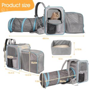 Cat Backpack Carrier with Litter Box, Expandable Portable Cat Carrier Backpack with Collapsible Tunnel, Pet Travel Carrier with Litter Box, up to 20 lb to Road Trip, Camping, Hiking, Grey