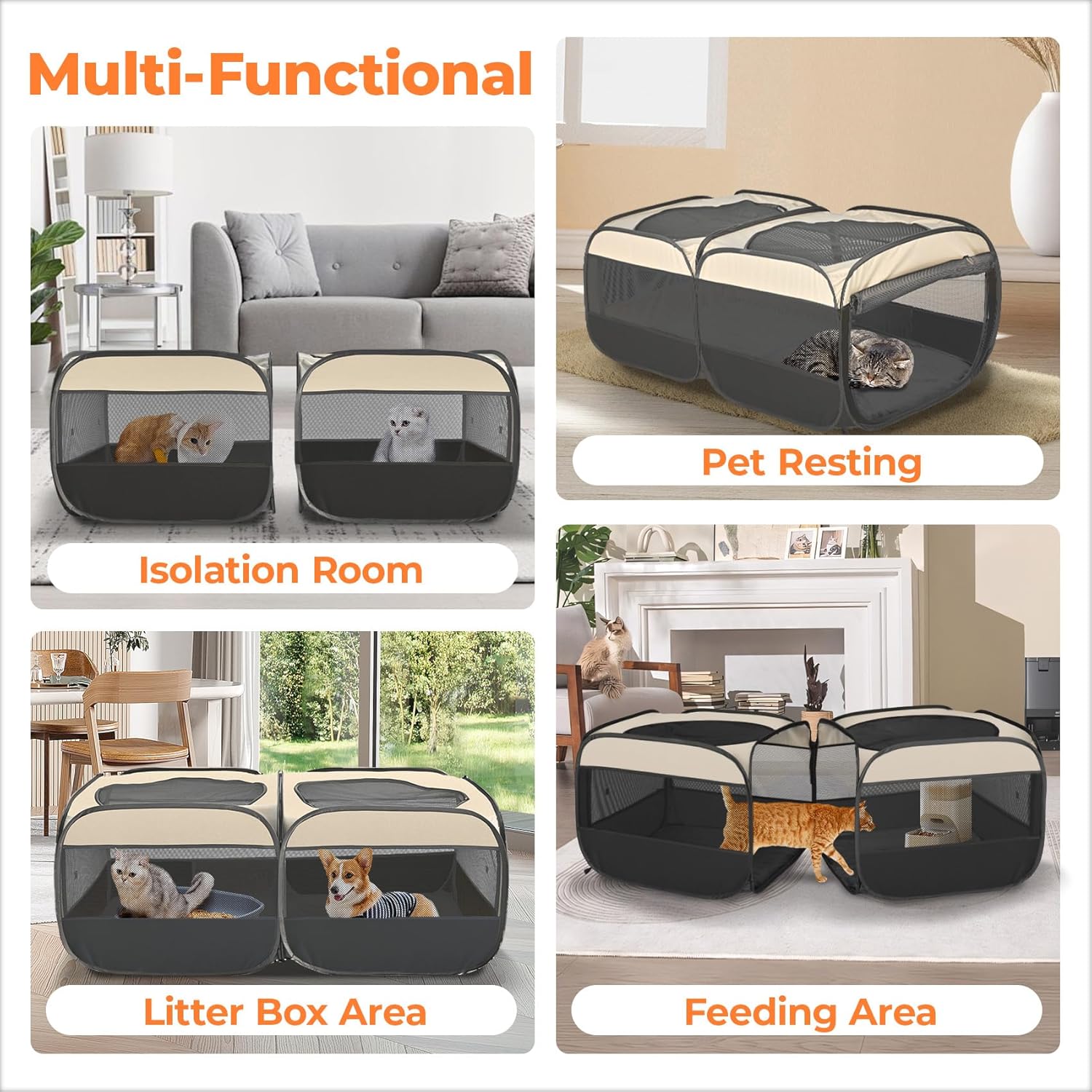 2-in-1 Pop Up Cat Playpen, Detachable into 2 Separate Pens with Additional Doors, Assembly-Free Portable Dog Crates Pet Pen Tent Kennel Kitten Puppy Enclosure Cage Indoor Outdoor Foldable Condo(S) - Image 5