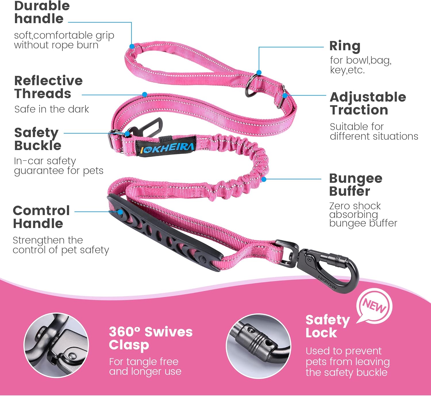 IOKHEIRA 6Ft /4Ft Dog Leash Rope for Large Dogs, Heavy Duty with Comfortable Padded Handle and Highly Reflective Threads,4-in-1 Multifunctional Dog Leashes with Car Seat Belt for Training (Pink) - Image 2