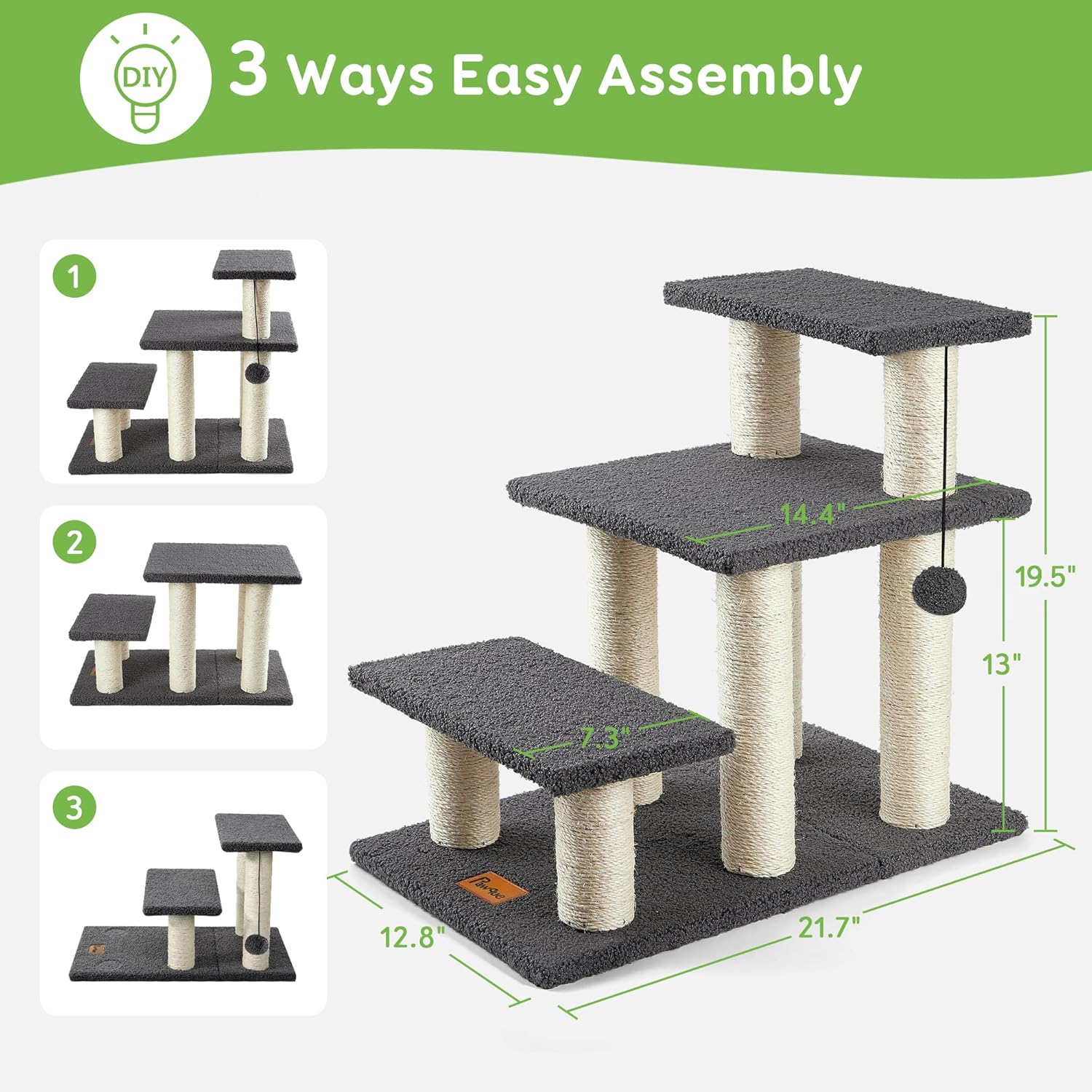 Pawque Dog Stairs & Cat Scratching Post Pet Steps for High Beds Couch, High-Strength Boards Holds up to 150 lbs for Indoor Small Cats Kittens Dogs Climbing Playing, 3 Combination Options, 3 Steps-Grey - Image 5