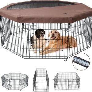 NEZUC Foldable Metal Dog Exercise Playpen Gate Fence Dog Crate 8 Panels 24 Inch Height Puppy Kennels with Top Cover/Bottom Pad for Animals Outdoor Indoor (Brown, 24" H, Playpen+Bottom Pad)