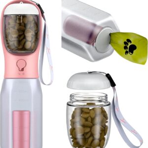 Dog Water Bottle - Portable Pet Water Bottle with Food Container & Poop Bag Dispenser - Lightweight, Leak Proof & BPA Free Dogs Drinking Bottle for Walking, Hiking & Travel (Pink)
