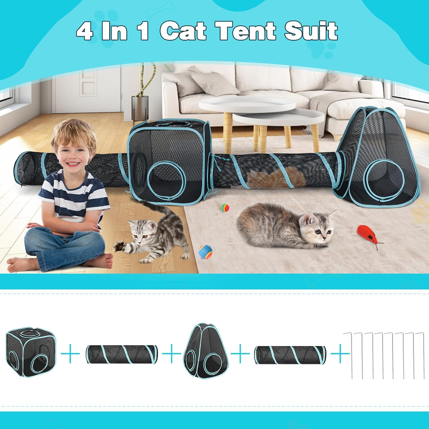9.45FT Outdoor Cat Enclosures Portable Cat Playhouse, Pop Up Cats Tent with 33.86x 11.81IN Double Kitty Tunnels DIY in Multiple Ways, Cats Playpen Play Tents for Rabbits and Small Animals - Image 2