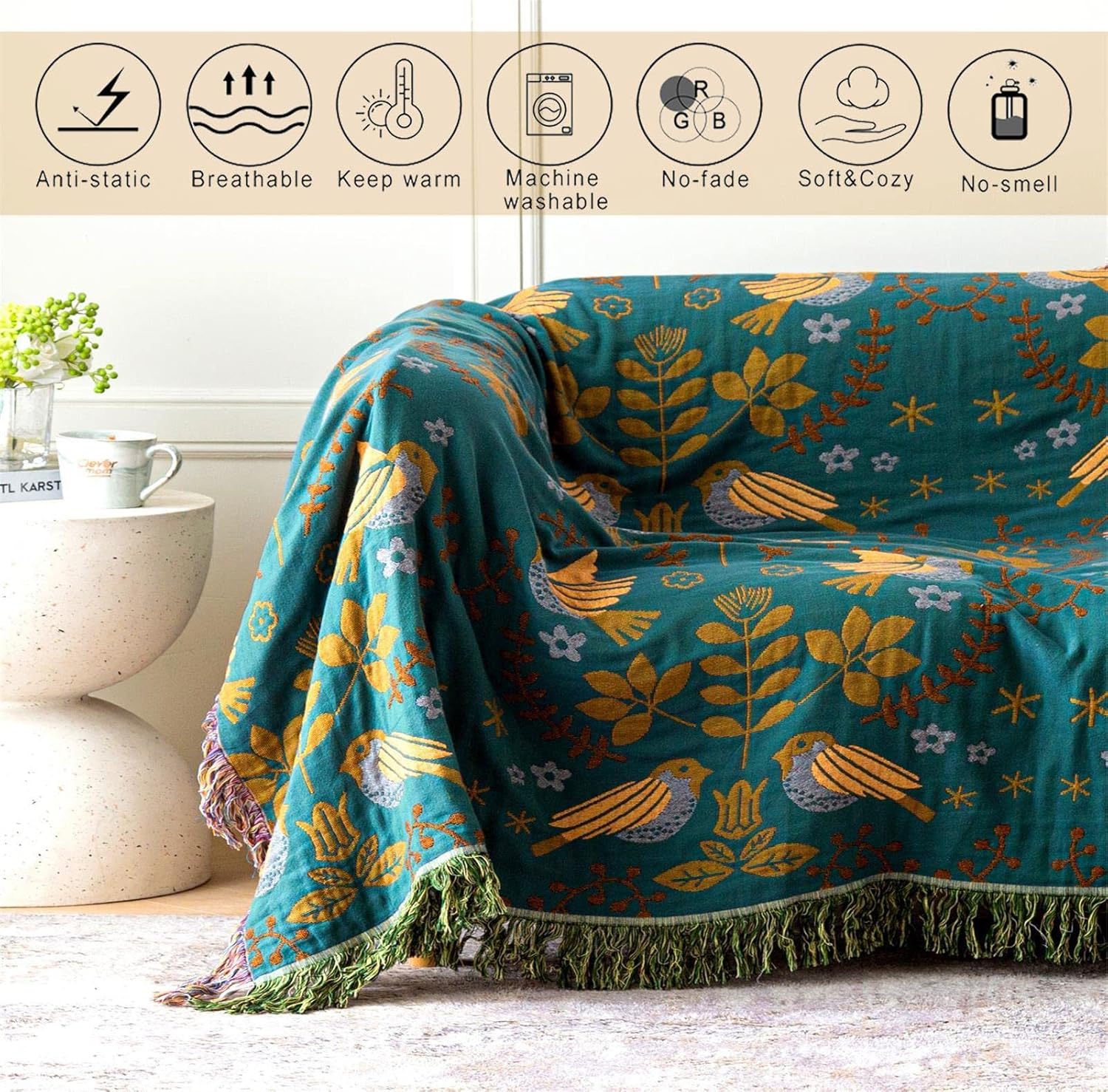 Fall Throw Blanket for Bed Couch 90''x 98'' Boho Throws 100% Cotton Muslin Travel Mexican Blanket Warm Soft Blankets Decorative Farmhouse Vintage Throws and Best Gifts - Image 4