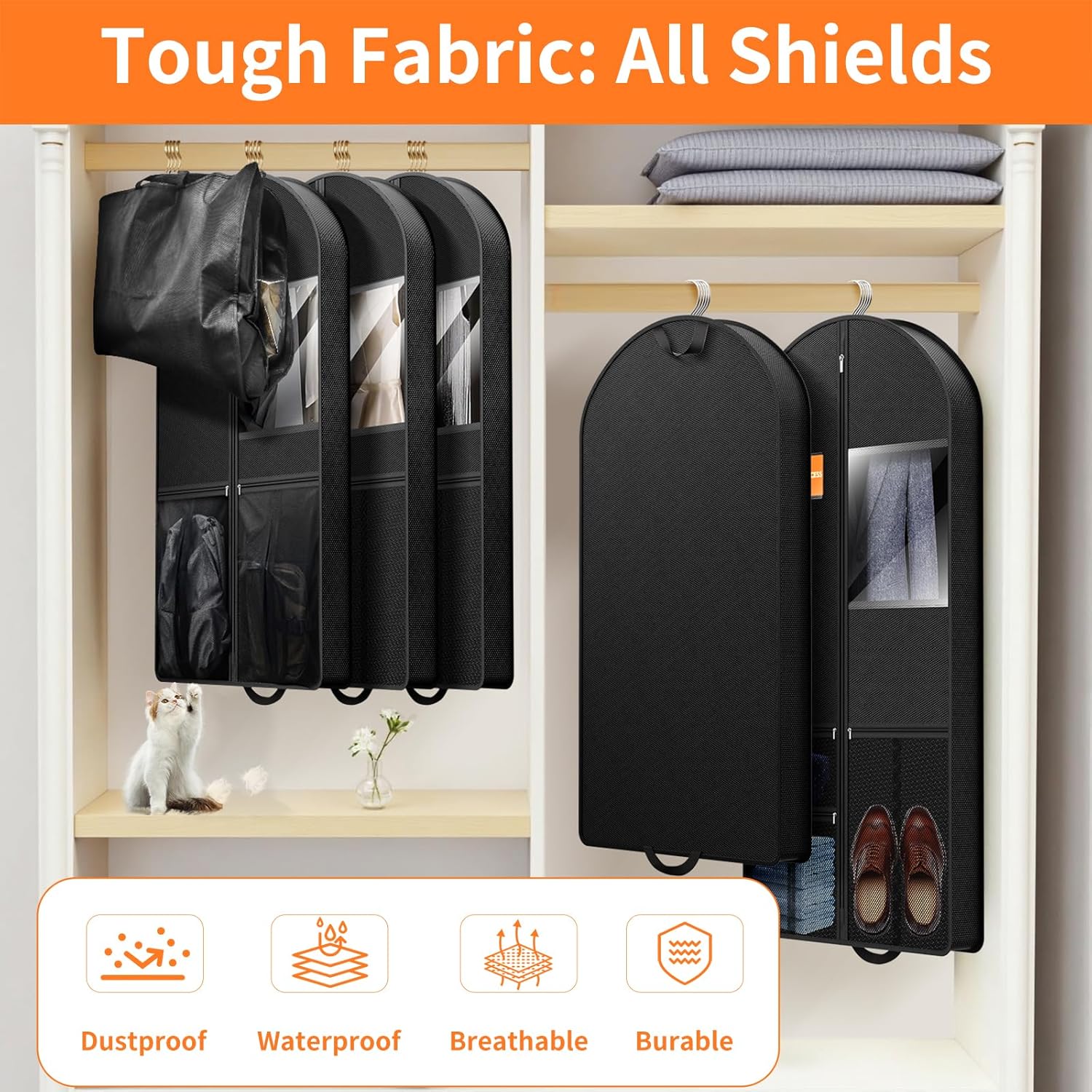 Travel Garment Bag Suits Clothes : 43 Inch 5 Packs Lightweight Breathable Zippered Black Fabric - Clothes Carry Short Men - Wardrobe Carry Coat Jacket Uniform Tuxedo Shirt - Image 6