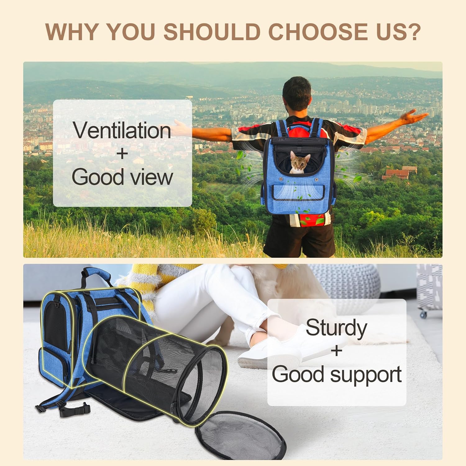 Cat Carrier Backpack for Large Cats Pet Backpack Carrier for Small Dogs, Expandable Cat Backpack Up to 15 Lbs, Foldable Cat Carrying Backpack for Travel Hiking (Blue) - Image 6