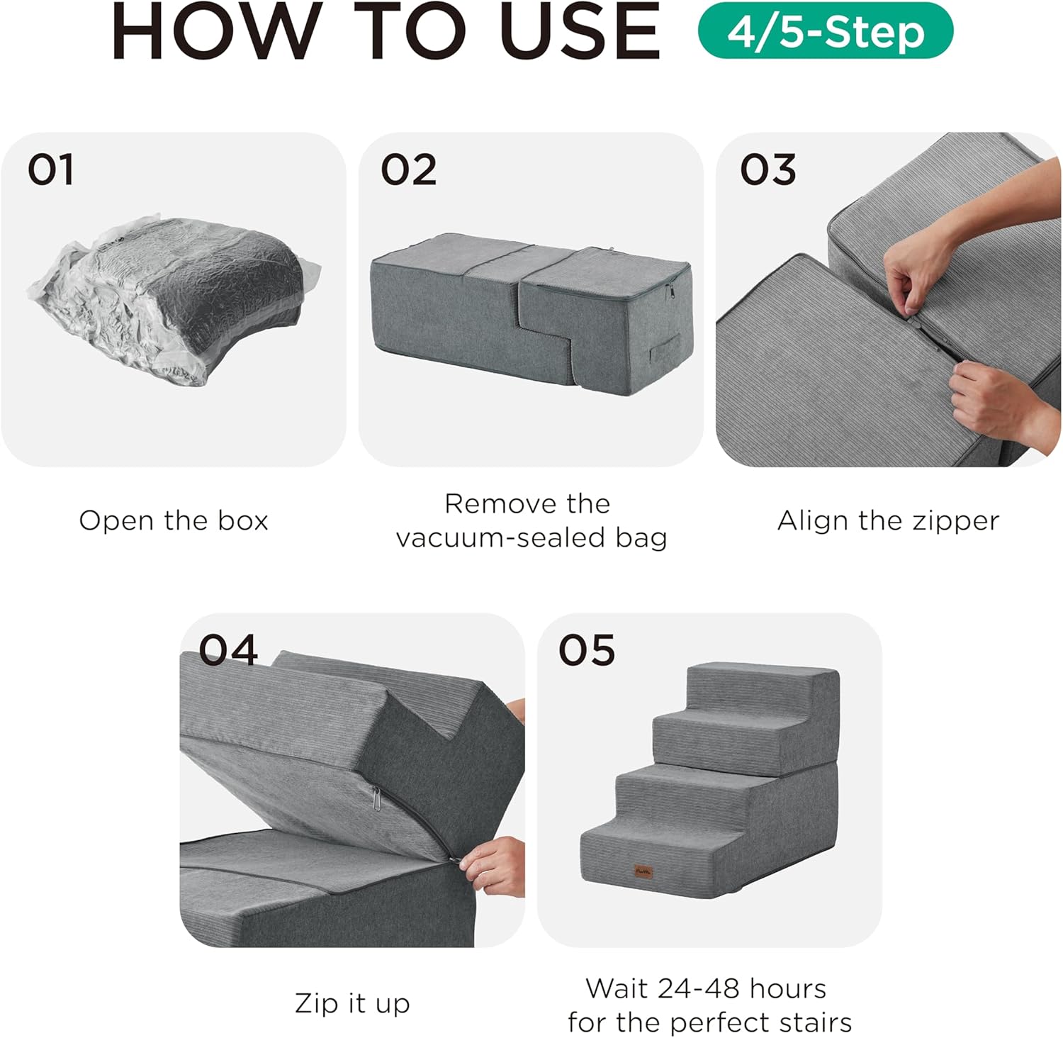 Made4Pets Dog Steps for Bed, Extra Wide Dog Stairs for High Bed Couch Sofa, 35D Foam Pet Steps for Small Dogs and Cats(Up to 40lbs), Non-Slip Bottom Pet Stairs, Grey, 4 Steps - Image 8