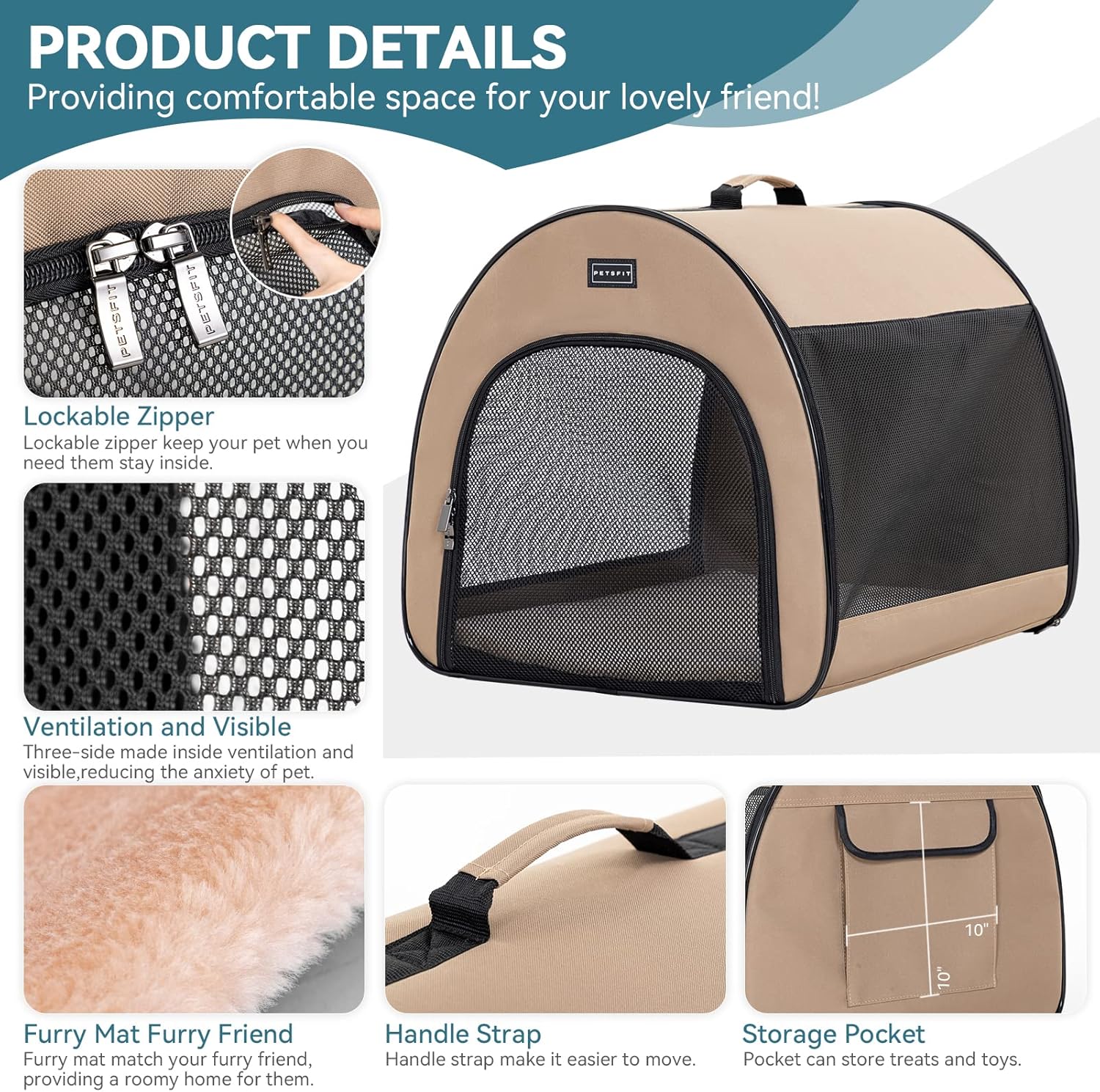 PETSFIT Soft Dog Crate, Dog Travel Crate - 26.5 Inch Lightweight, Roomy, Easy to Set Up, Portable Pop Up Dog Carrier with Thick Mat, Sturdy Soft Sided Dog Crate, Khaki - Image 3