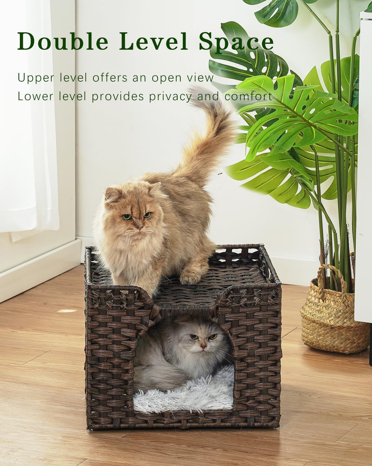 Cat Beds Indoor Kitten House, Handwoven Rattan Cat Cave Pet Cube, Large Cat Houses, One Bed Mat, Foldable, Hideaway, 16.5x16.5x13.2 Inches, 2 S-Shaped Hooks in Living Room Bedroom Brown - Image 2