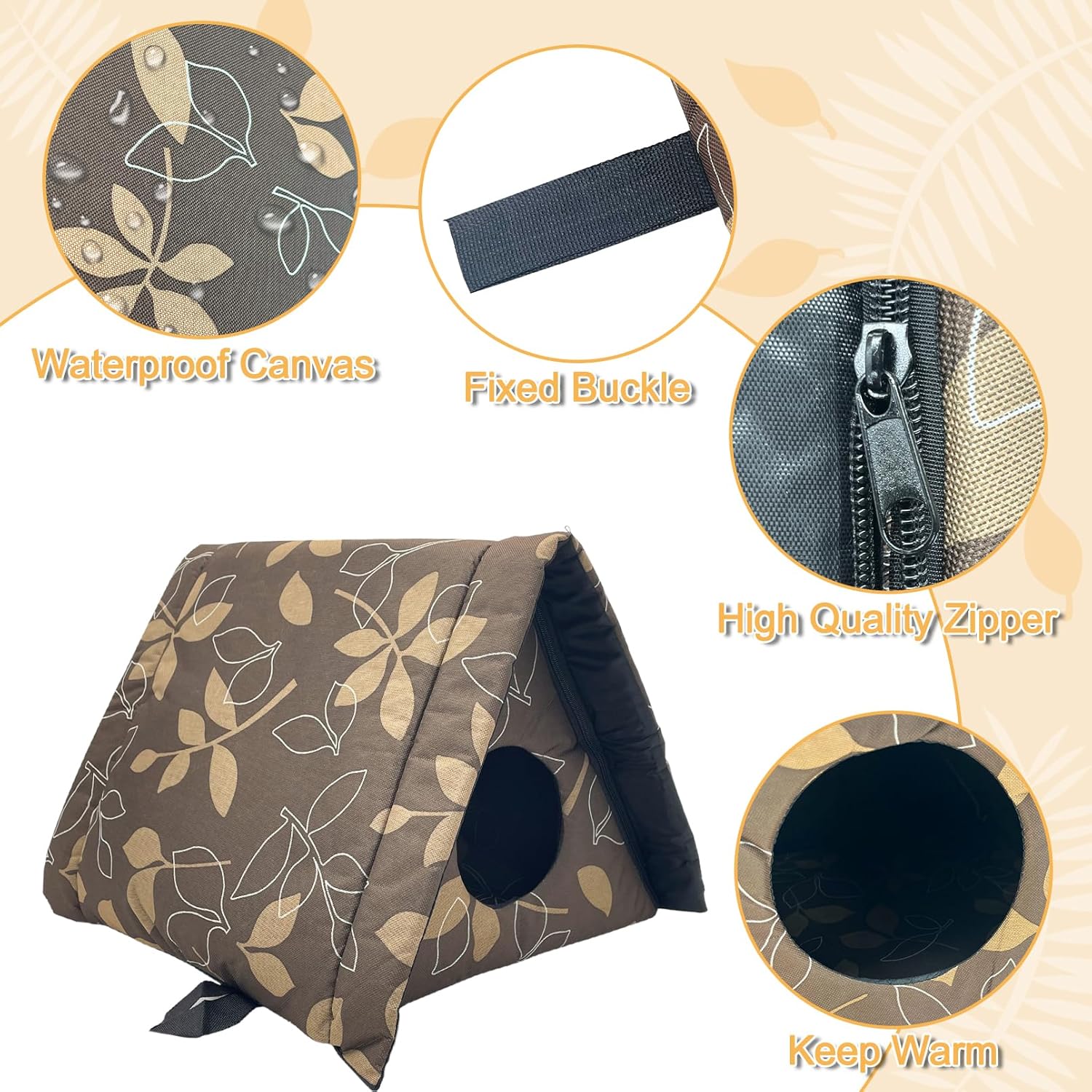 Fhiny Stray Cats Shelter, Waterproof Outdoor Cat House Foldable Warm Pet Cave for Winter Wild Animal Tent Bed Anti-Slip Kitten Cave for Feral Cat Dog Puppy Weatherproof (M, Brown) - Image 2