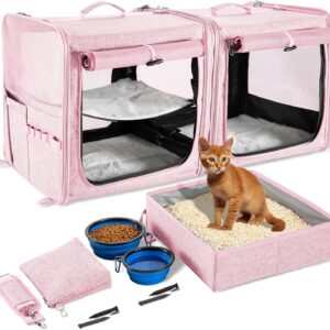 Suertree Cat Carrier for 2 Cats, Pet Travel Carrier with Litter Box for Cats and Small Dogs Up to 45 Lbs, Bowls, and Locking Zippers, Pink