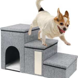 petizer Dog Stairs for Small Dogs, Foldable Pet Stairs for Couch/Bed with Storage Box, Condo and Cat Scratcher, Adjustable Non-Slip Dog Steps for Puppy, Cats, or Small (3-Step,17" H)