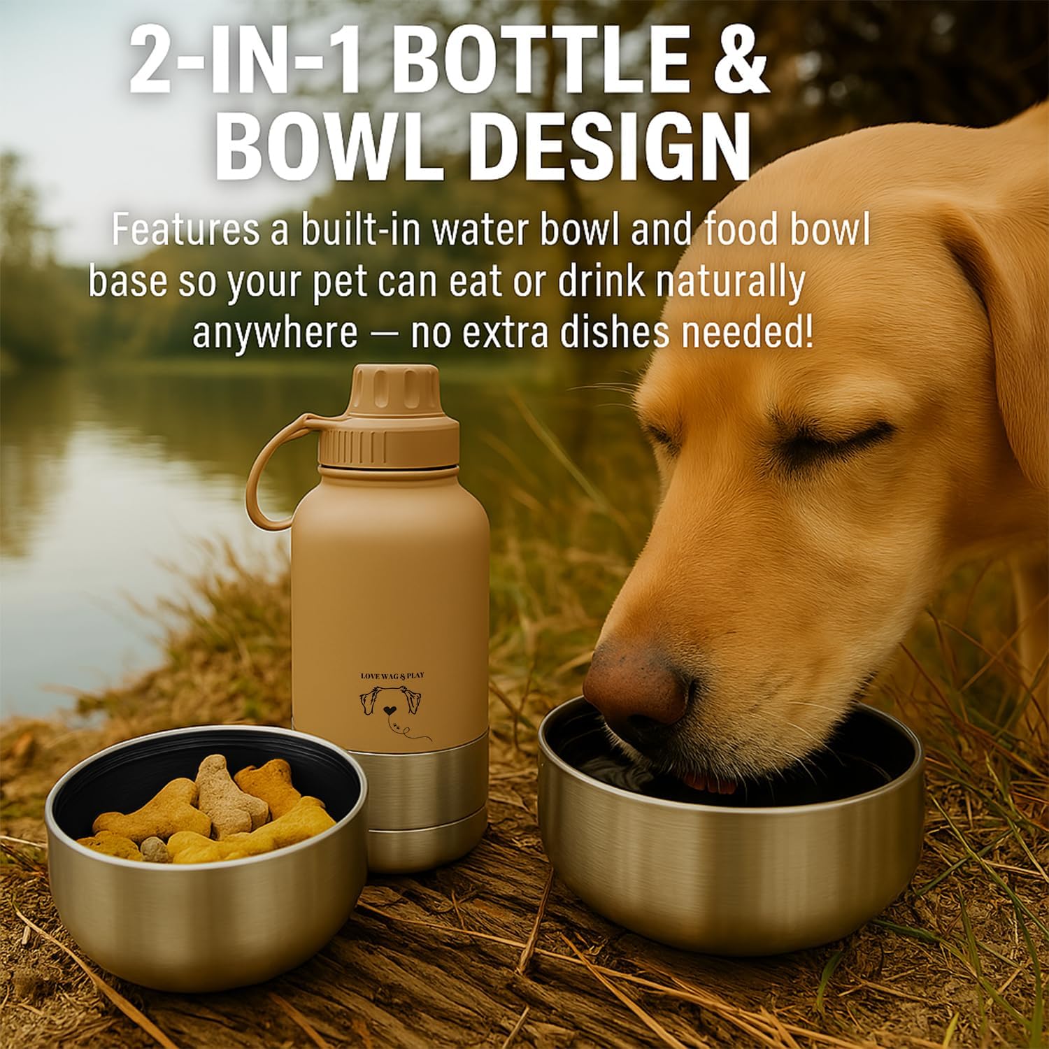 Love Wag & Play Dog Water Bottle Portable – 2 in 1 Stainless Steel Bowl for Food, Water – Leakproof Portable Water Bowl for Dog with Carry Loop – Detachable Design – Ideal for Kibble, Treats – Beige - Image 6