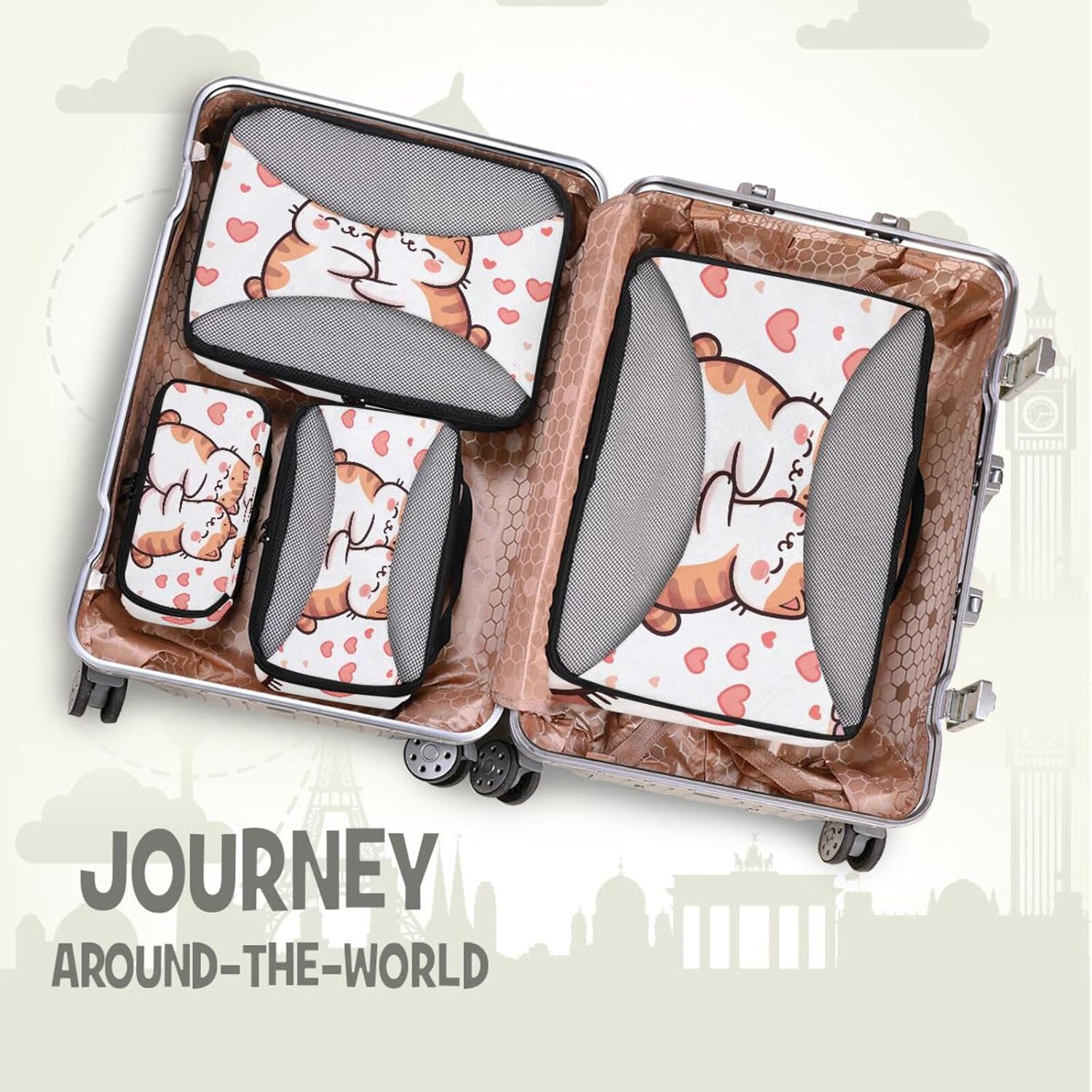 Packing Cubes for Travel 4 Set Cat Cute Pet Luggage Set Suitcase Organizer Bags Mesh Accessories Storage Pouch Toiletry Packing Cubes - Image 2