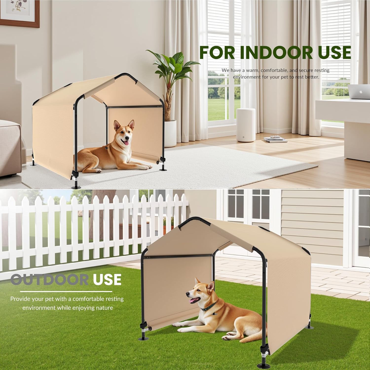 Dog Shade Shelter, Outdoor Dog Tent for Large Medium Dogs Waterproof & Anti-UV Dog Awing Breathable Pet Canopy Tent Indoor Pet House for Dogs Cats Small Animals Livestock (Khaki, 51“ x 46" x 40") - Image 4