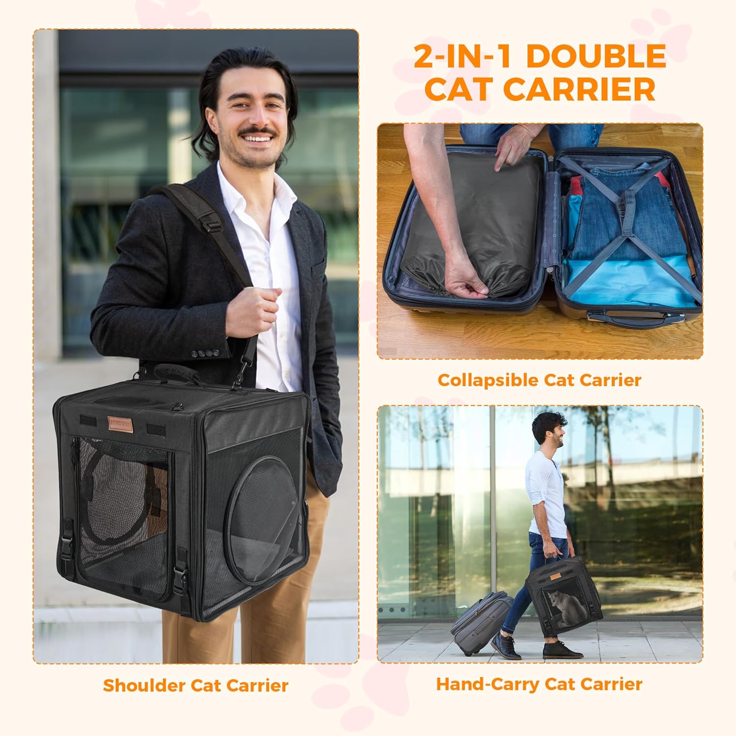 PETUX 2-in-1 Double Cat Carrier for Multiple Cats - Large Cat Travel Carrier with Litter Box, Play Tunnels, and Hammock - Portable Pet Carriers for Long Car Trips & Vet Visit (34"x17"x17", Black) - Image 8