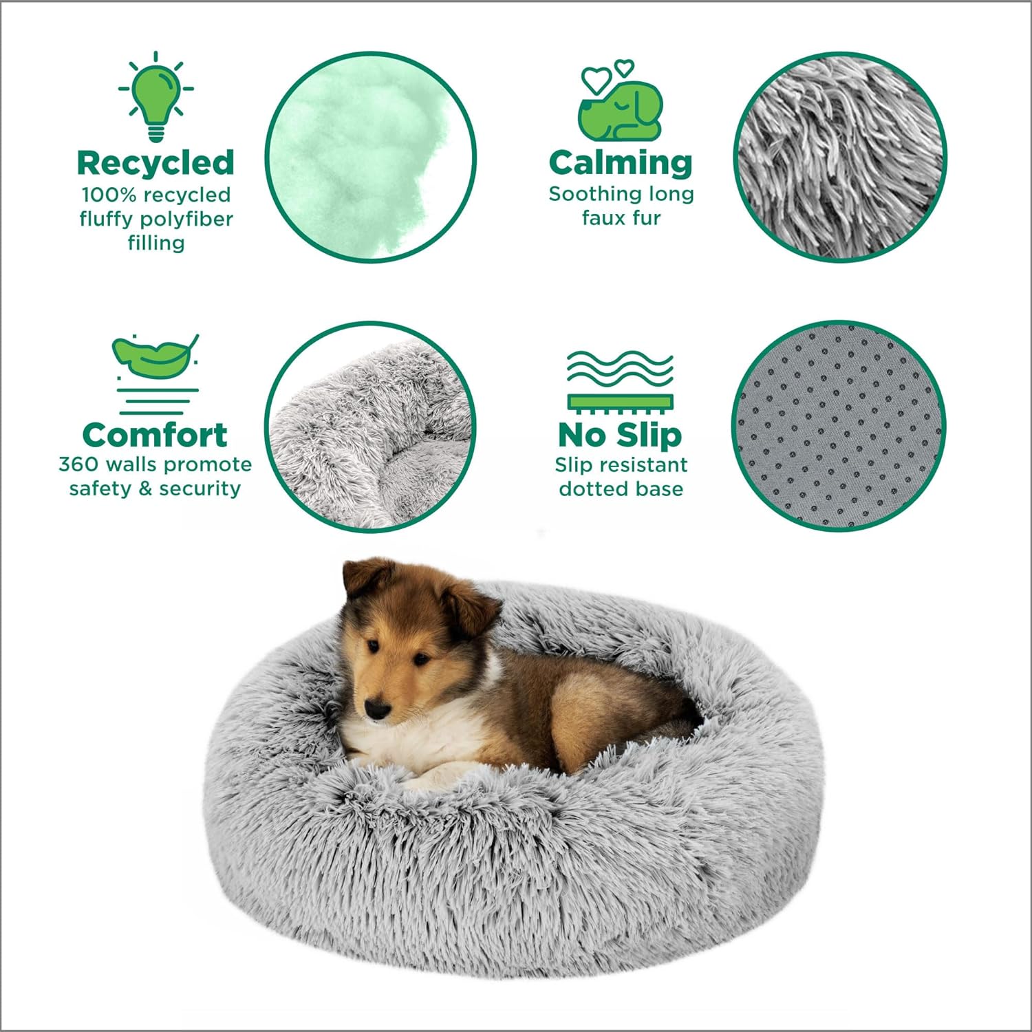 Furhaven 36" Round Calming Donut Dog Bed for Large/Medium Dogs, Refillable w/ Removable Washable Cover, For Dogs Up to 75 lbs - Shaggy Plush Long Faux Fur Donut Bed - Mist Gray, Large - Image 5