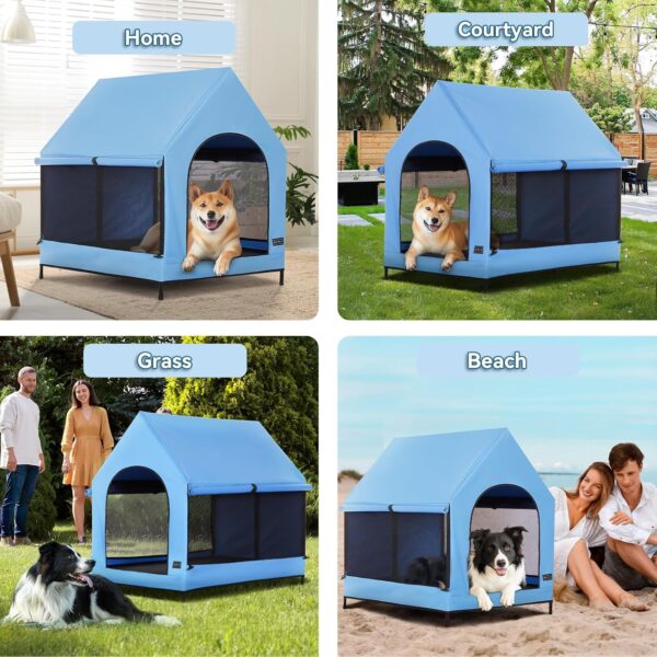 PETSFIT Dog House Outdoor, Upgraded Dog Shelter with Weatherproof PVC Canopy, Breathable Mesh Windows and Sunshades, Elevated Dog Bed with Protable Carring Case (Blue) - Image 5