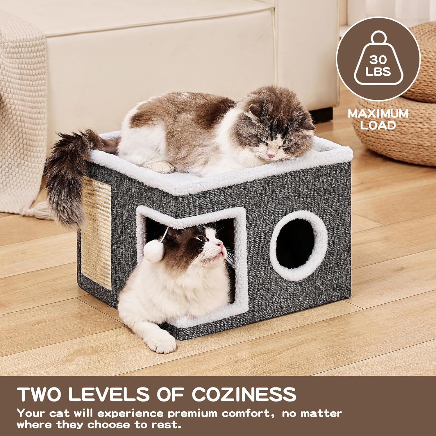 Cat Beds for Indoor Cats, Large Cat Cave with Fluffy Ball and Scratch Pad, Foldable Cat Scratch House with Hideaway Condo for Kitten,16x16x13inch,Grey - Image 3