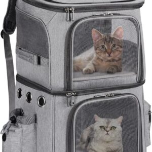 Double-Compartment Pet Carrier Backpack for Small Cats and Dogs, Cat Travel Carrier for 2 Cats, Perfect for Traveling/Hiking/Camping, Grey, XL
