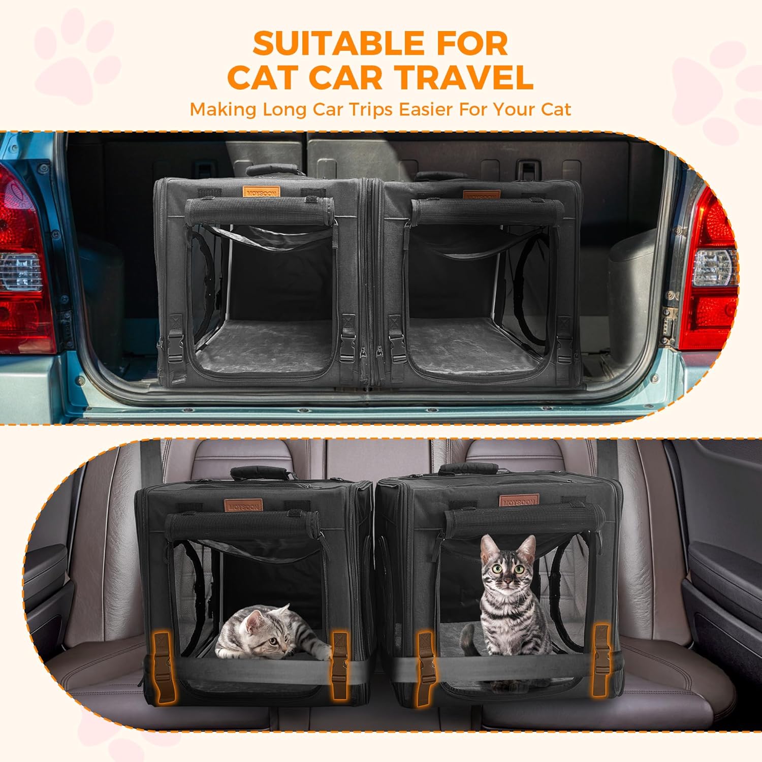 PETUX 2-in-1 Double Cat Carrier for Multiple Cats - Large Cat Travel Carrier with Litter Box, Play Tunnels, and Hammock - Portable Pet Carriers for Long Car Trips & Vet Visit (34"x17"x17", Black) - Image 3
