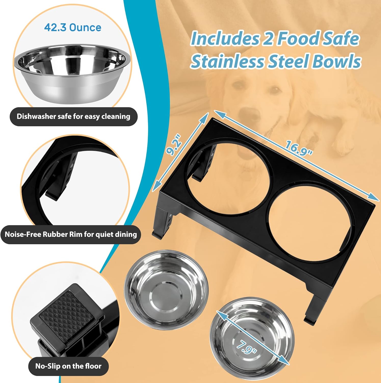 Niubya Elevated Dog Bowls with 2 Stainless Steel Dog Food Bowls, Raised Dog Bowl Adjusts to 5 Heights (3.15", 8.66", 9.84",11.02", 12.2") for Small Medium and Large Dogs - Image 3