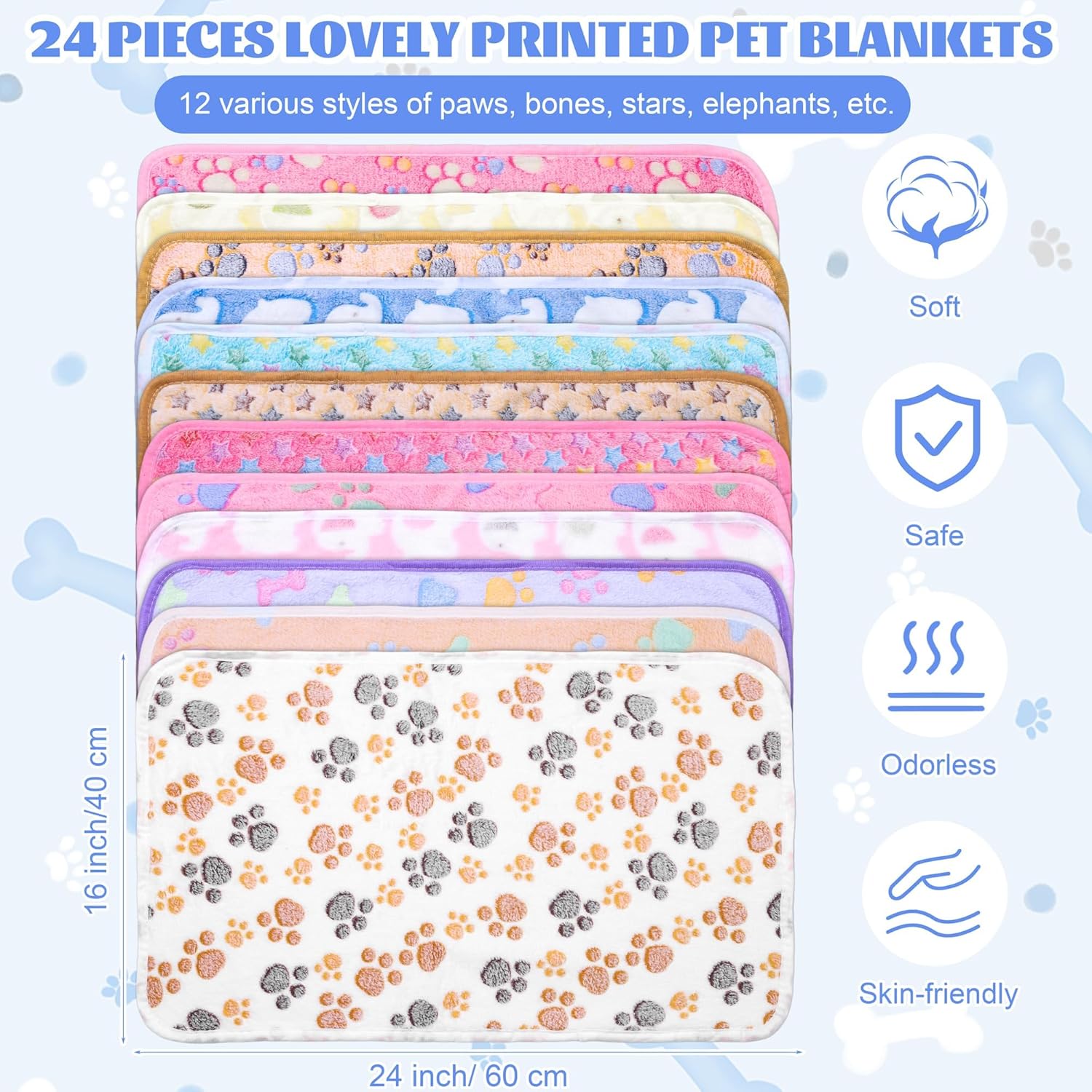 MCEAST 24 Pack Paw Print Plush Pet Blankets 24 x 16 Ultra-Soft & Cozy Small Dog Cat Bedding Mats with 12 Stylish Designs Machine Washable Multipurpose Fluffy Throw for Kennel, Sofa, Travel - Image 2