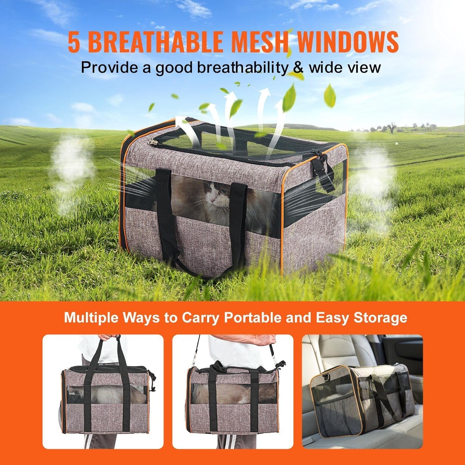 Airline Approved Rolling Cat Carrier - Wheeled Pet Travel Bag w/Telescopic Handle & Shoulder Strap | for Pets Under 22 lbs - Includes Collapsible Bowl & Ventilation (Grey) - Image 4