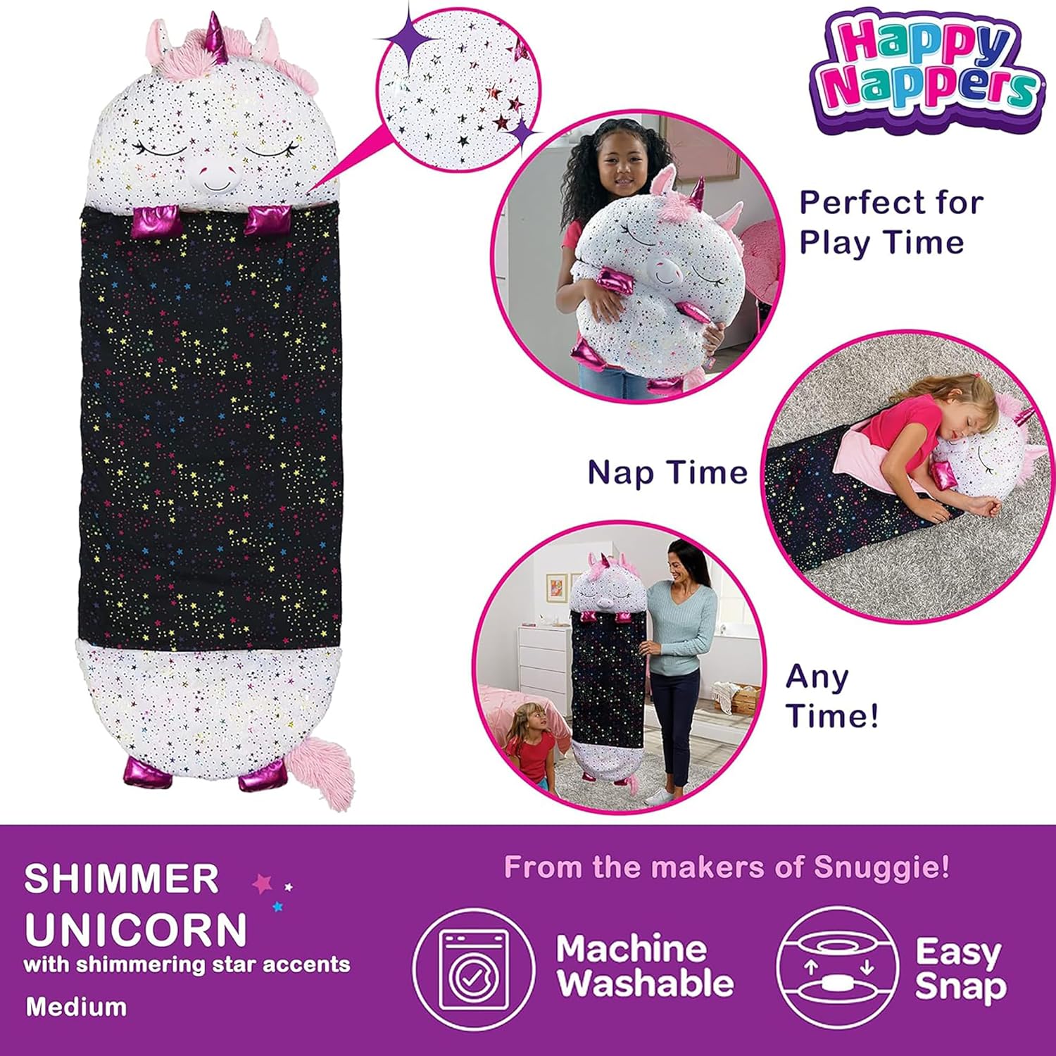 Happy Nappers Pillow & Sleepy Sack- Comfy, Cozy, Compact, Super Soft, Warm, All Season, Sleeping Bag with Pillow- Medium 54” x 20”, Shimmer Unicorn - Image 3