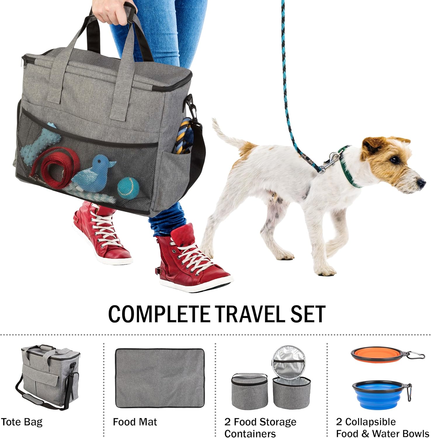 Dog Travel Bag - Cat and Dog Storage Organizer with Pockets, Mat, 2 Food Containers, and 2 Large Collapsible Travel Dog Bowls by PETMAKER (Gray) - Image 3