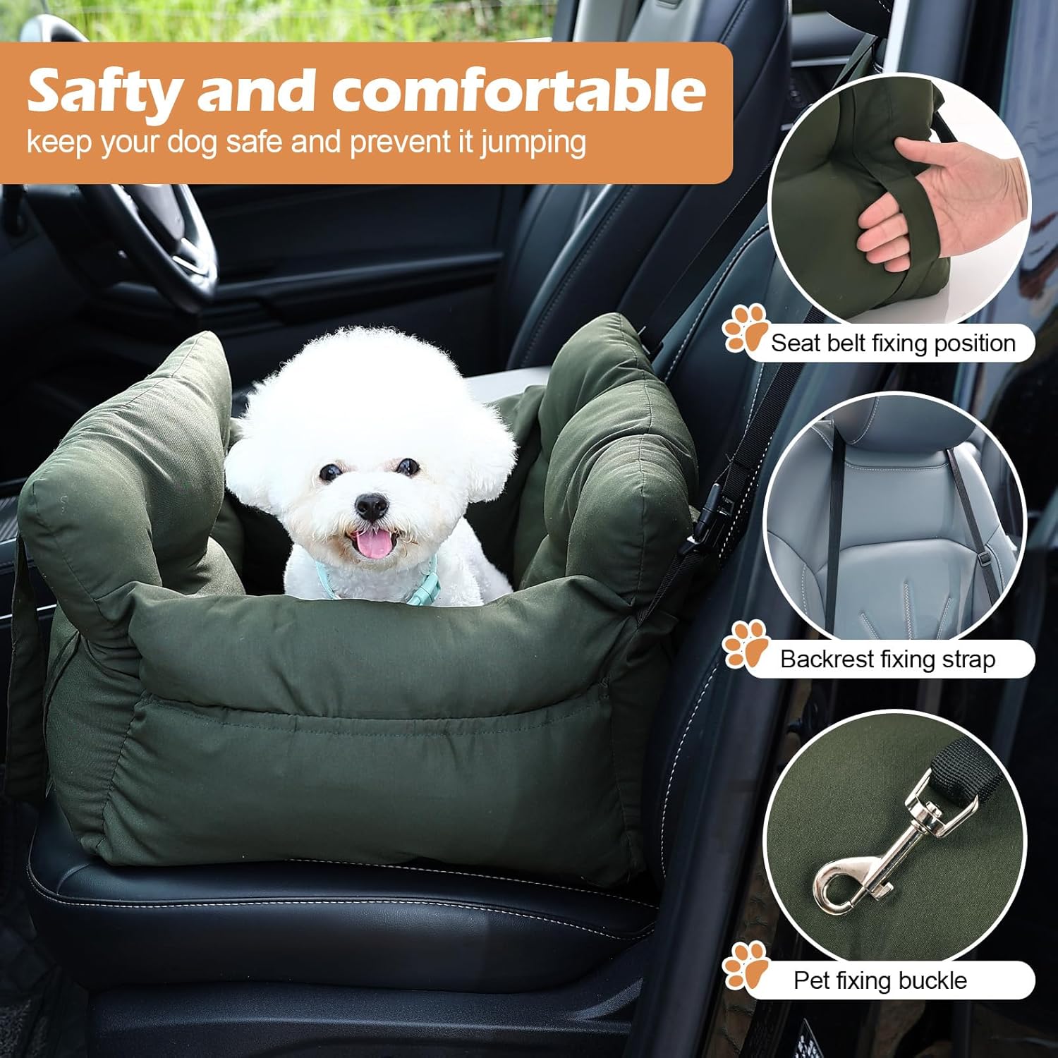 Medium Dog Car Seat Up to 28lbs - Pet Travel Bed Booster with Storage, Safety Tether, Anti-Slip Bottom for Cars(Green) - Image 4
