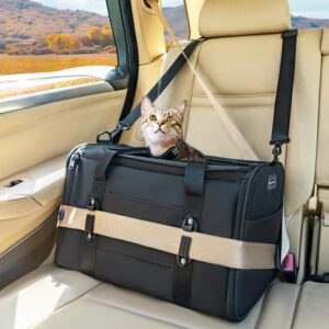 PETSFIT Soft-Sided Cat Carriers & Car Seats with Patent Safe Buckles, Clip-On Harness, 18"x11"x11" Airline Approved Pet Carrier - 9 lbs Capacity (Black)