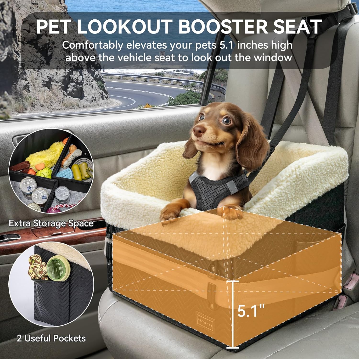 PETSFIT Small Dog Car Seat, Waterproof PU Leather Dog Booster Car Seat with Patented Safe Buckles, Detachable Dogs Seat Belt for Car, Dog Car Seat Medium Sized Dog up to 30 lbs (Black) - Image 8