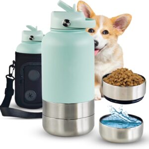 Insulated Stainless Steel 32 Oz Portable 3 in 1 Dog Water Bottle with 2 Detachable Bowls & Poop Bag Dispenser - Pet Travel Bottle with Carrying Bag for Dogs & Owners (Teal Standard)