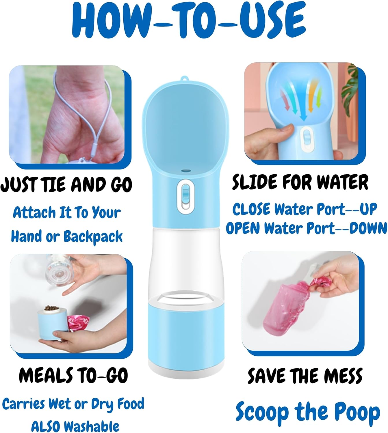 All-in-One Portable Dog Water Bottle, Food Dispenser, Poop Bag Dispenser, Dry/Wet Food Container 7 oz., Travel Water Bottle 9oz., 2 Poop Bags Included, Food Grade Plastic, Leak Proof-Blue Color - Image 4