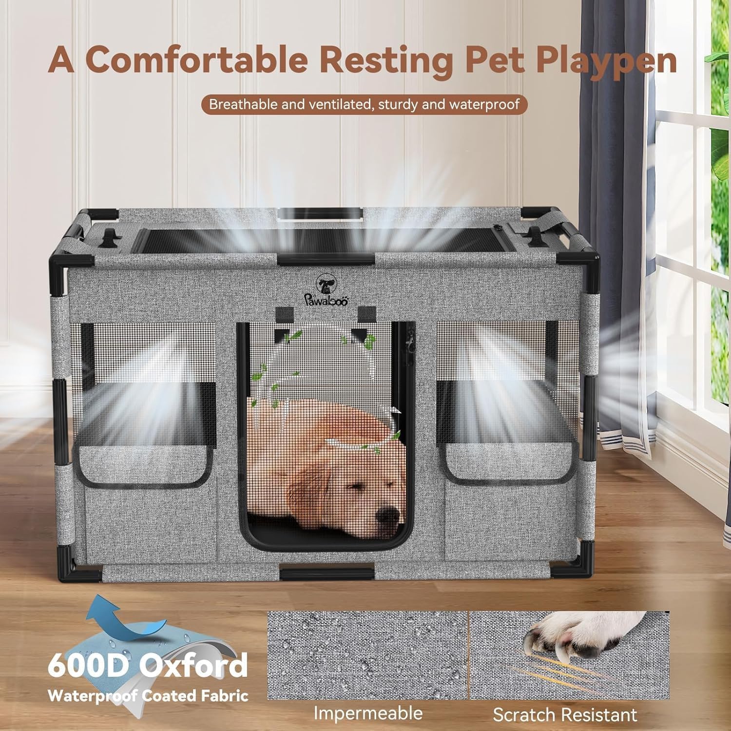 Cat Dog Playpen, 91x61x61cm Portable Puppy Playpen Dog Play Pen Indoors with Cover and Gate, Tear Resistant Thickened Fabric Waterproof Bottom Breathable Mesh Dog Fence, Gray & Black - Image 5