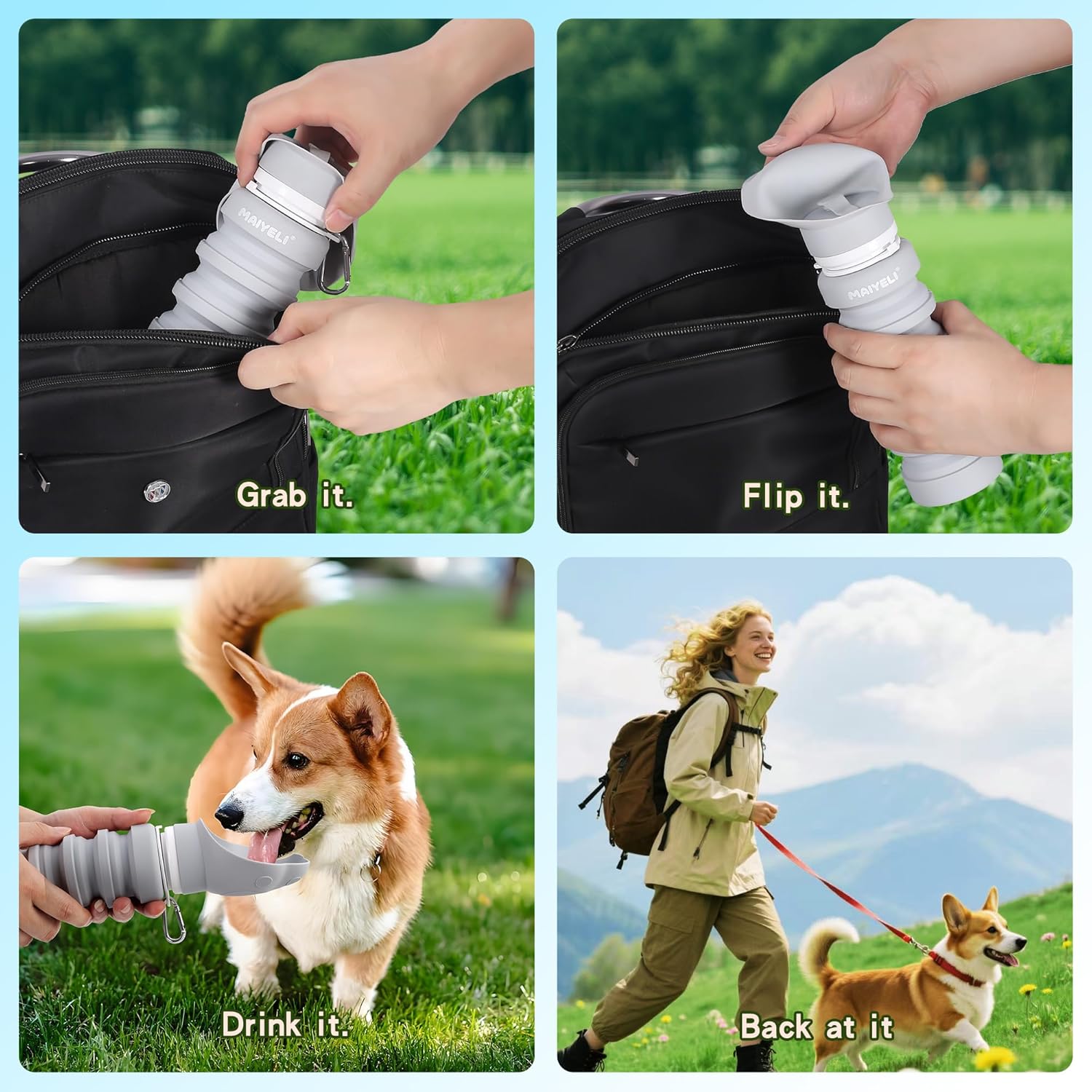 Dog Water Bottle Collapsible & Portable Squeeze, 9oz-17oz Water Dispenser & Folding Bowl,5 Levels Capacity in 1,Carabiner Clip,100% Food-Grade Silicone, Outdoor Walking,Hiking,Travel - Image 5