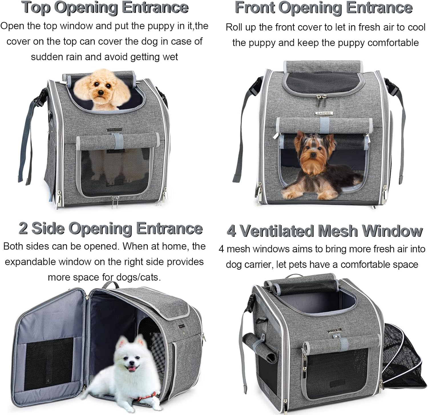 Dog Bike Basket, Expandable Soft-Sided Pet Carrier Backpack with 4 Open Doors, 4 Mesh Windows for Small Dog Cat Puppies - Grey - Image 2