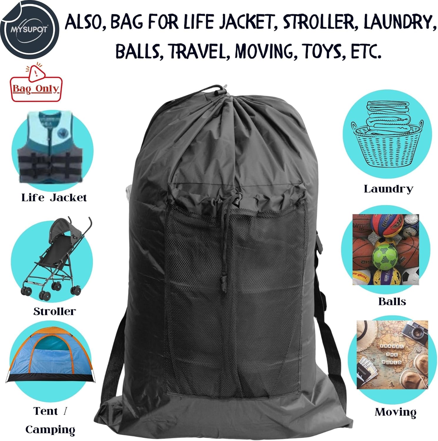 BLACK Tent Bag. Also, for Sleeping Bag, Camping Mattress, Laundry, Beach Chair, Flip or Bleacher or Booster Seat, Dog Bed, etc. Light Duty 420D Polyester w/Adjustable Straps - Image 5