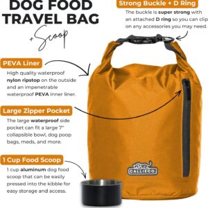 Callieco Dog Food Travel Bag w/ 1 Cup Scoop and Zipper Side Pocket | Waterproof Kibble Storage Container for Home, Road Trips, Camping, Boarding and More (Orange, 64 Cups)