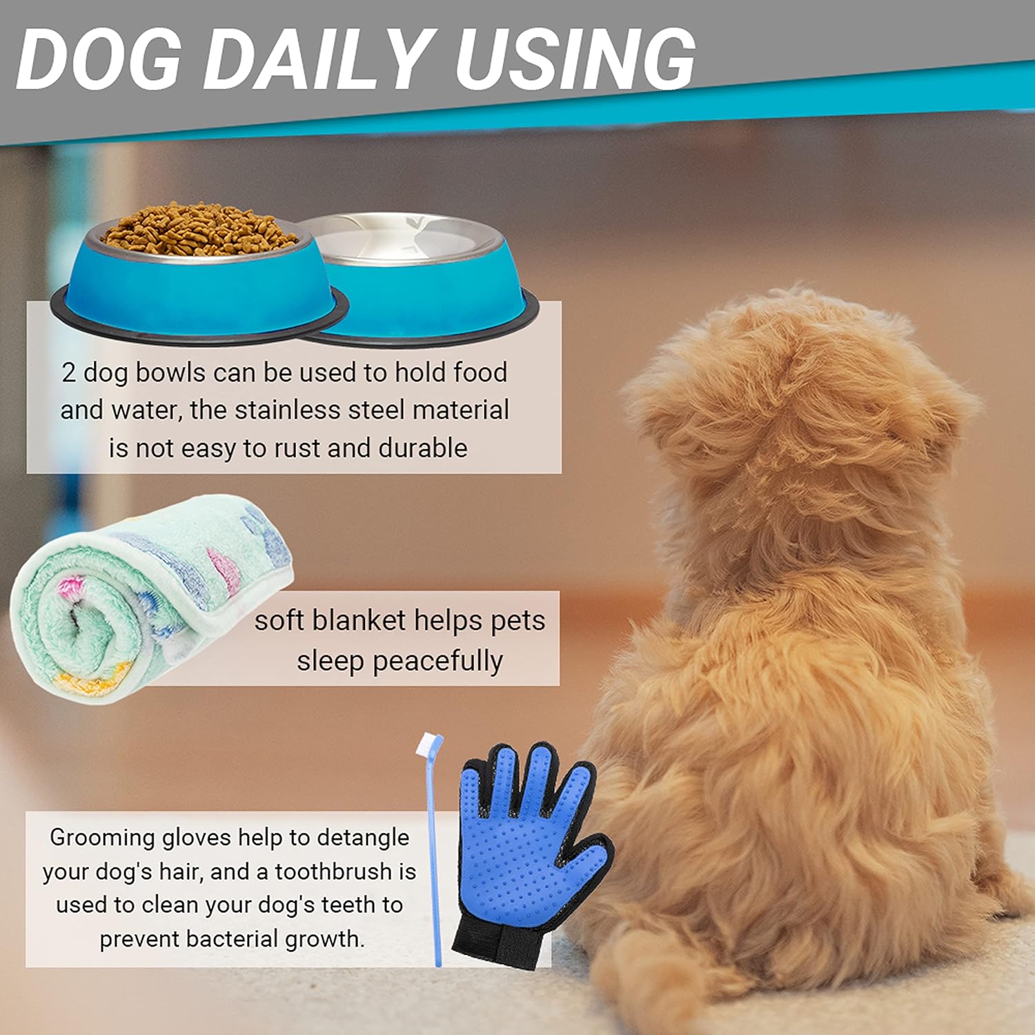 FLYSTAR Puppy Starter Kit for Small Dogs, 26 pcs Include Dog Toys, Collar and Leash, Training Clicker, Treat Bag, Poop Waste Bag with Dispenser, Blanket, Grooming Glove, Bowls, Toothbrush, etc - Image 5